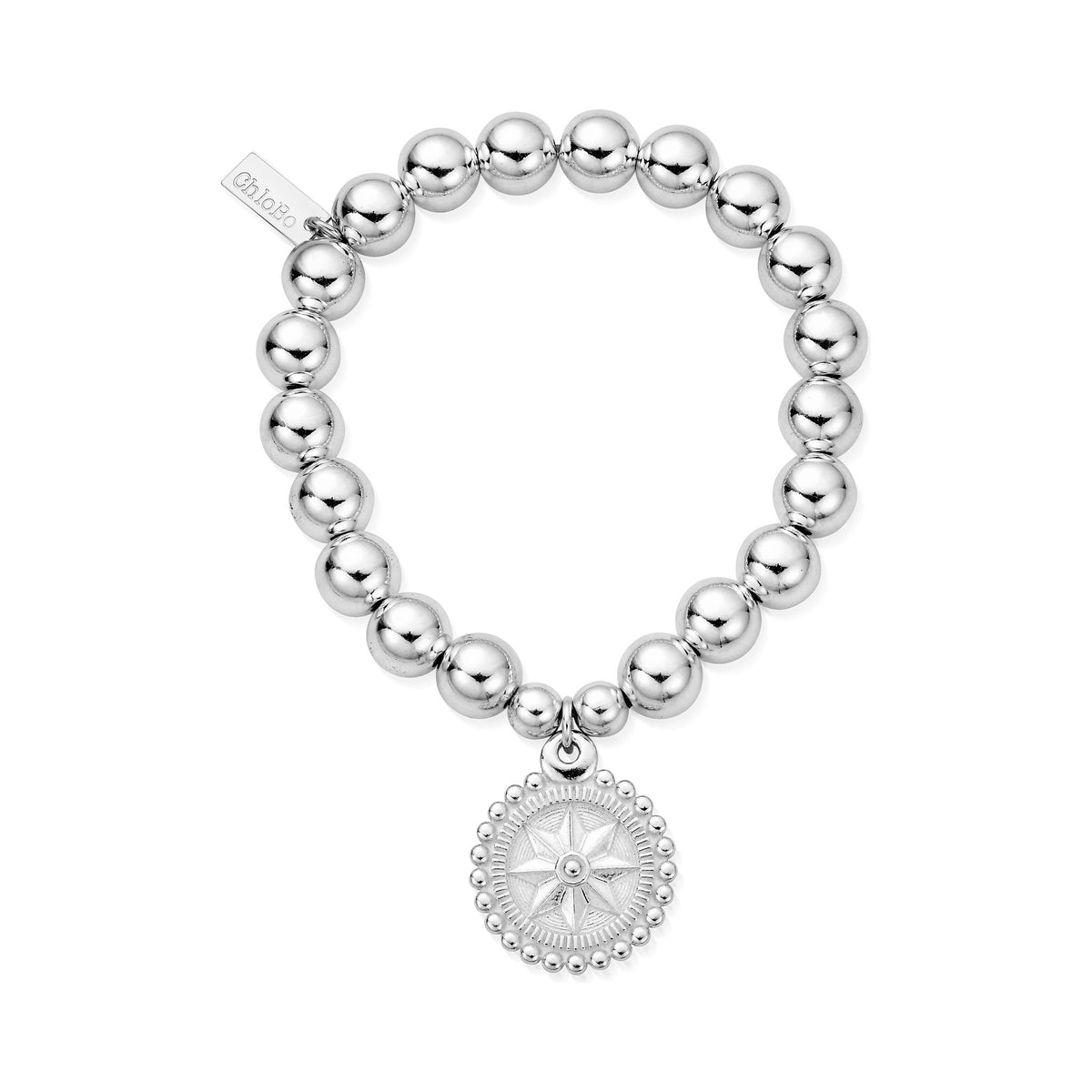 Sterling silver ChloBo compass bracelet on elastic band; shows designer tag with "ChloBo" logo.