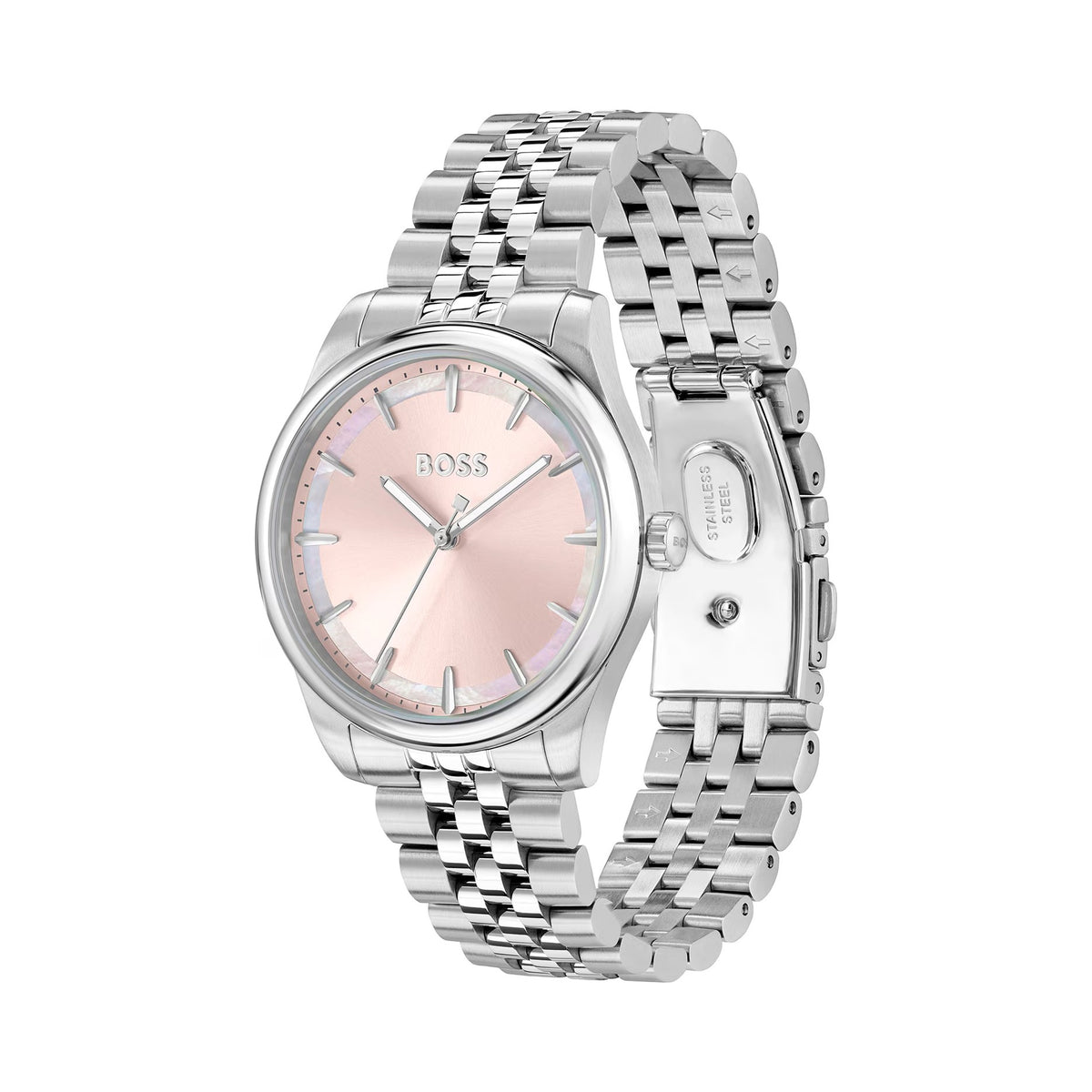 BOSS ladies watch, pink dial with stainless steel bracelet. Shows wrist watch close-up and stylish design.