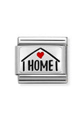 Nomination charm representing home and family. "I HOME" message with heart on a silver plate for bracelets.