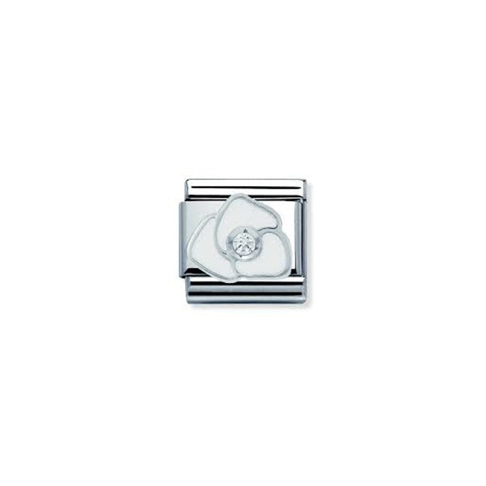 Nomination charm showcasing a white rose with a sparkling center stone. Elegant composable link for personalized bracelets.