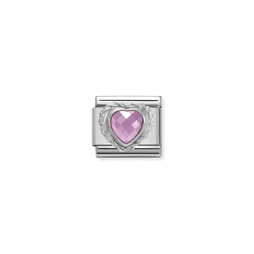 Nomination charm featuring a pink heart-shaped CZ stone, set in a 925 silver composable link.