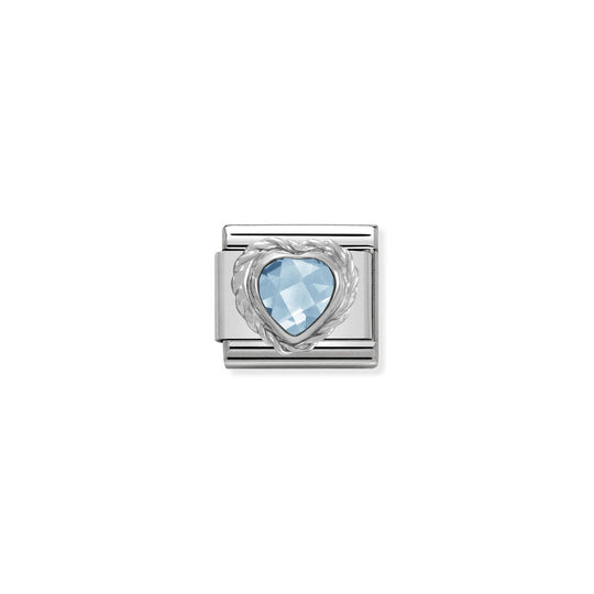 Nomination Composable Classic Heart Faceted CZ Light Blue in Stainless Steel E 925 Silver Twisted Setting