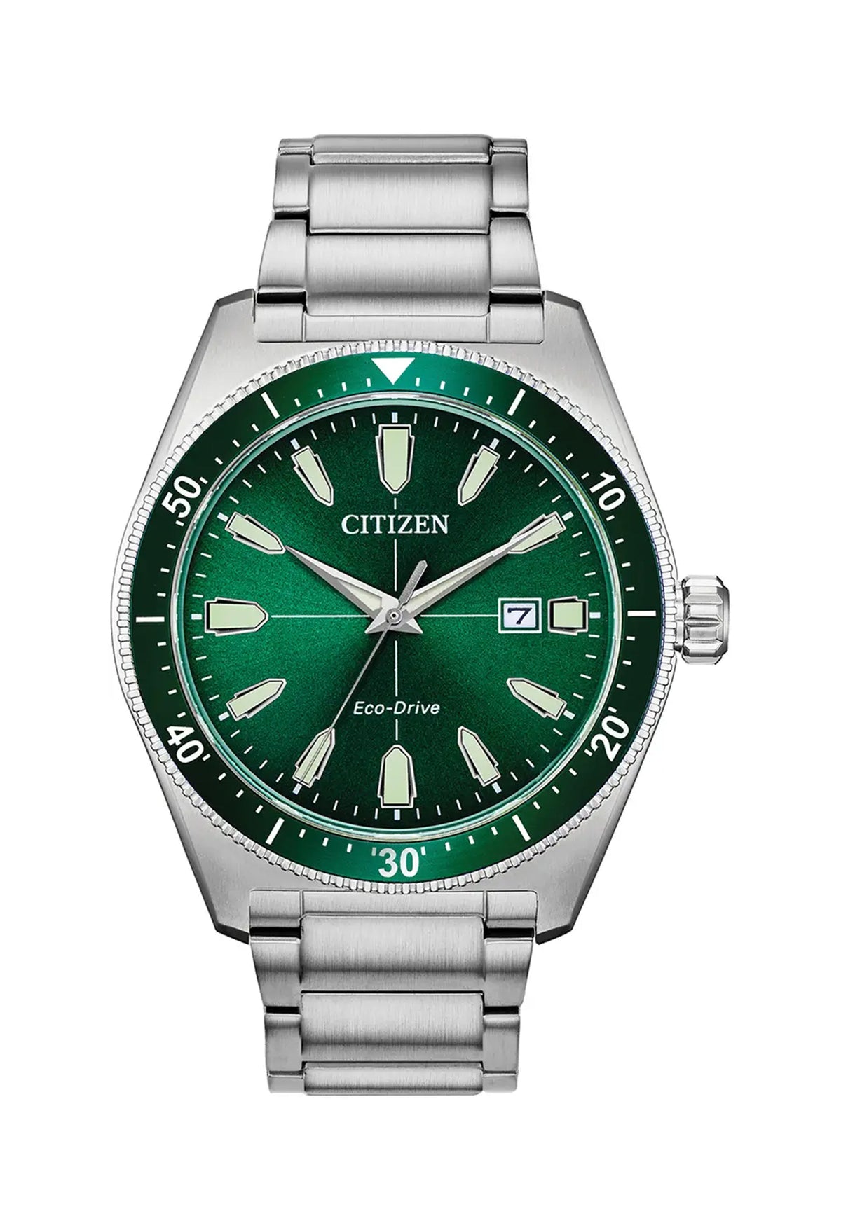 Close-up showcasing the Citizen Gents Eco-Drive watch with a green dial, date display, and stainless steel band for the