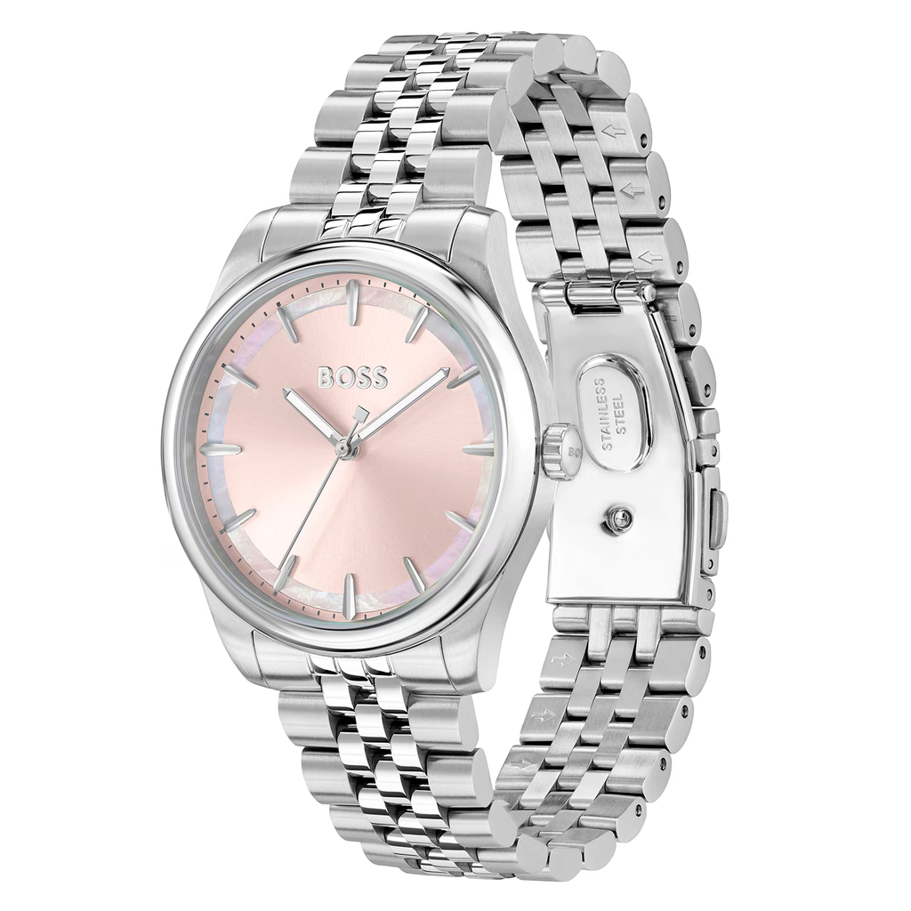 BOSS ladies watch, pink dial with stainless steel bracelet. Shows wrist watch close-up and stylish design.