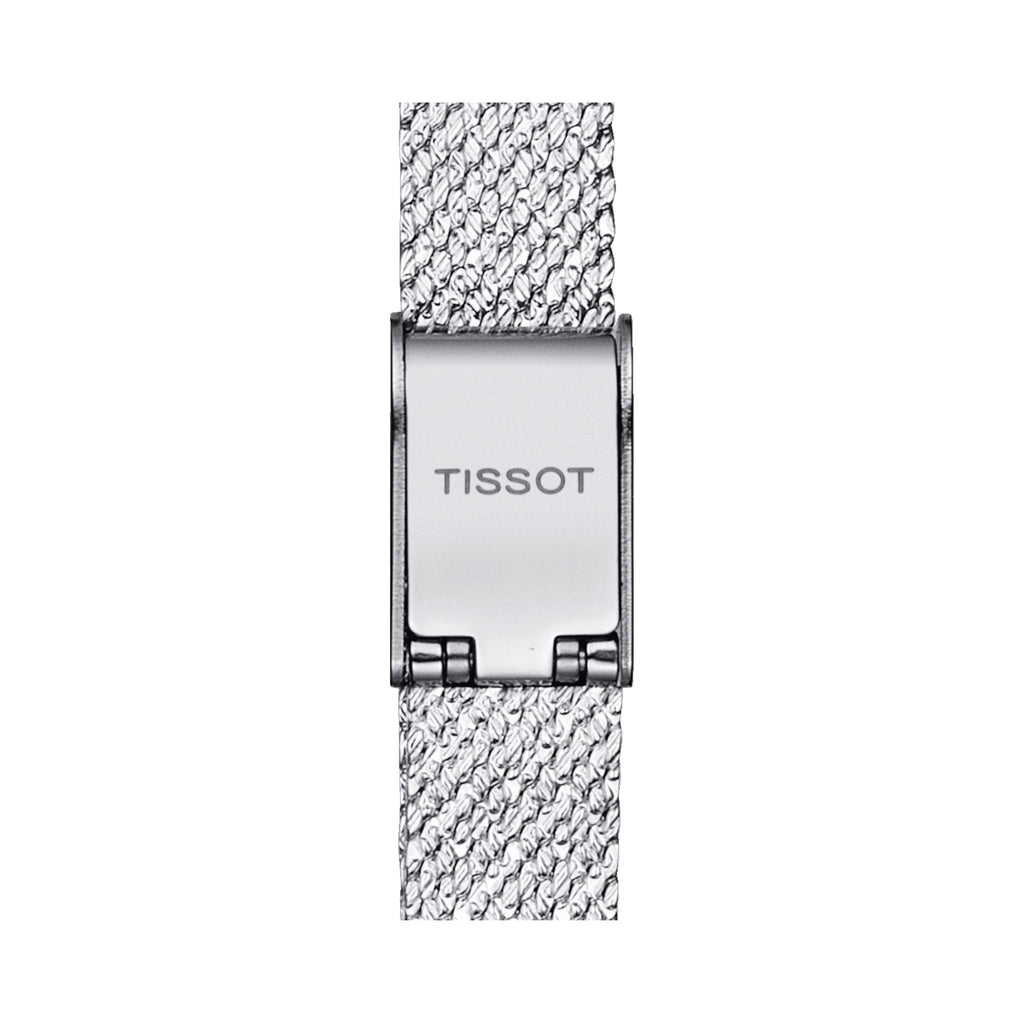 Tissot watch clasp detail with "TISSOT" logo shown. Silver mesh bracelet. Ladies square dial watch part.