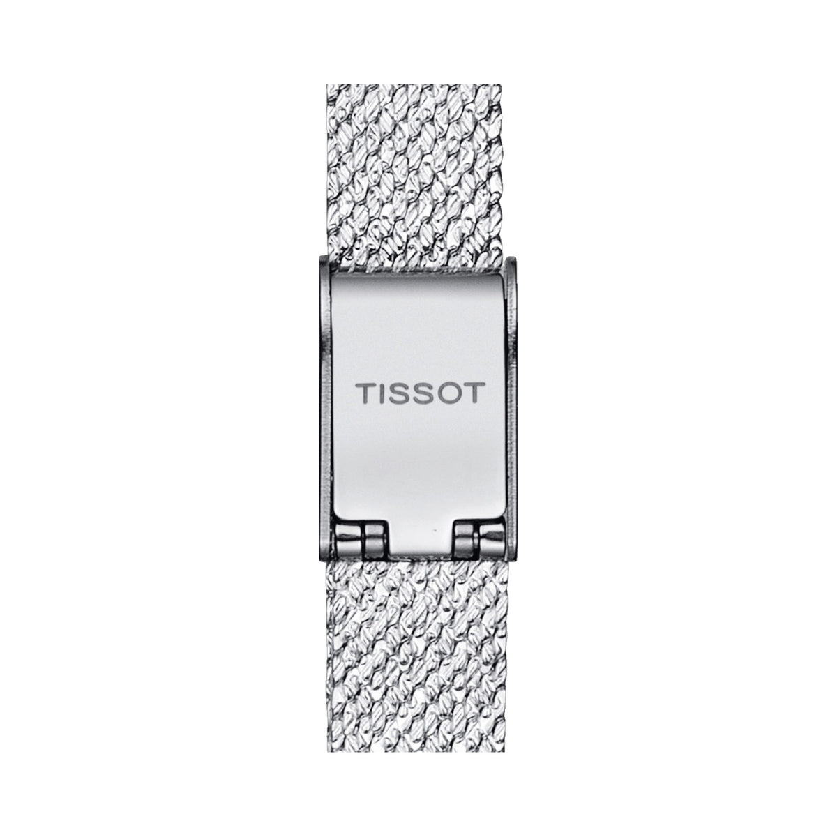 Tissot watch clasp detail with "TISSOT" logo shown. Silver mesh bracelet. Ladies square dial watch part.