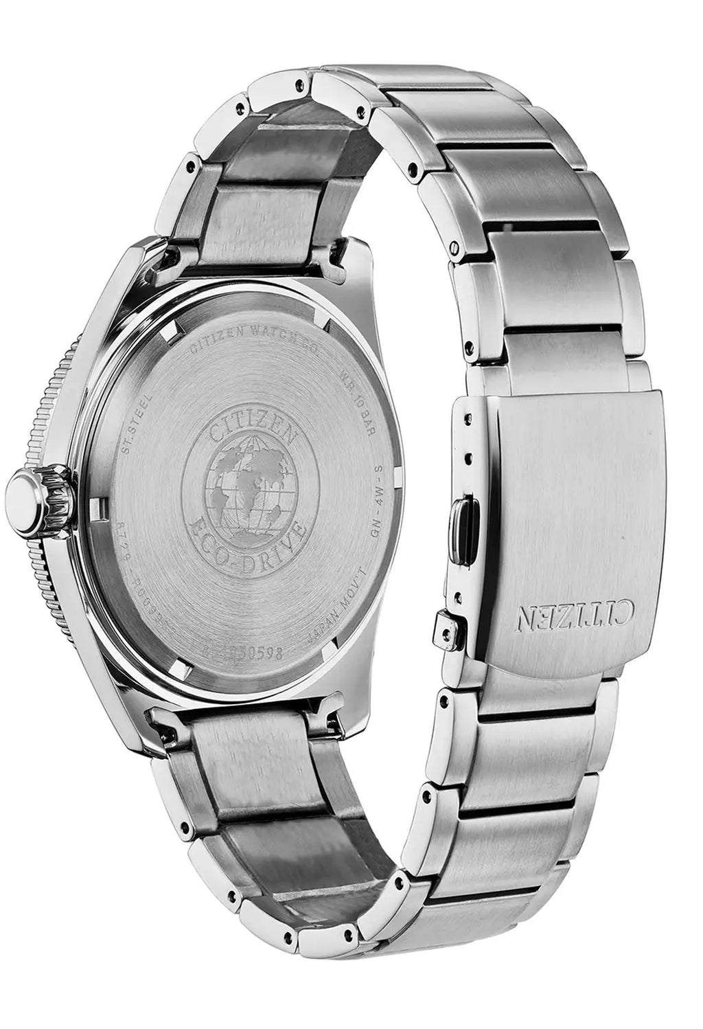 Close-up showing the back of the Citizen Eco-Drive sports watch, highlighting stainless steel case and band, with Eco-Drive