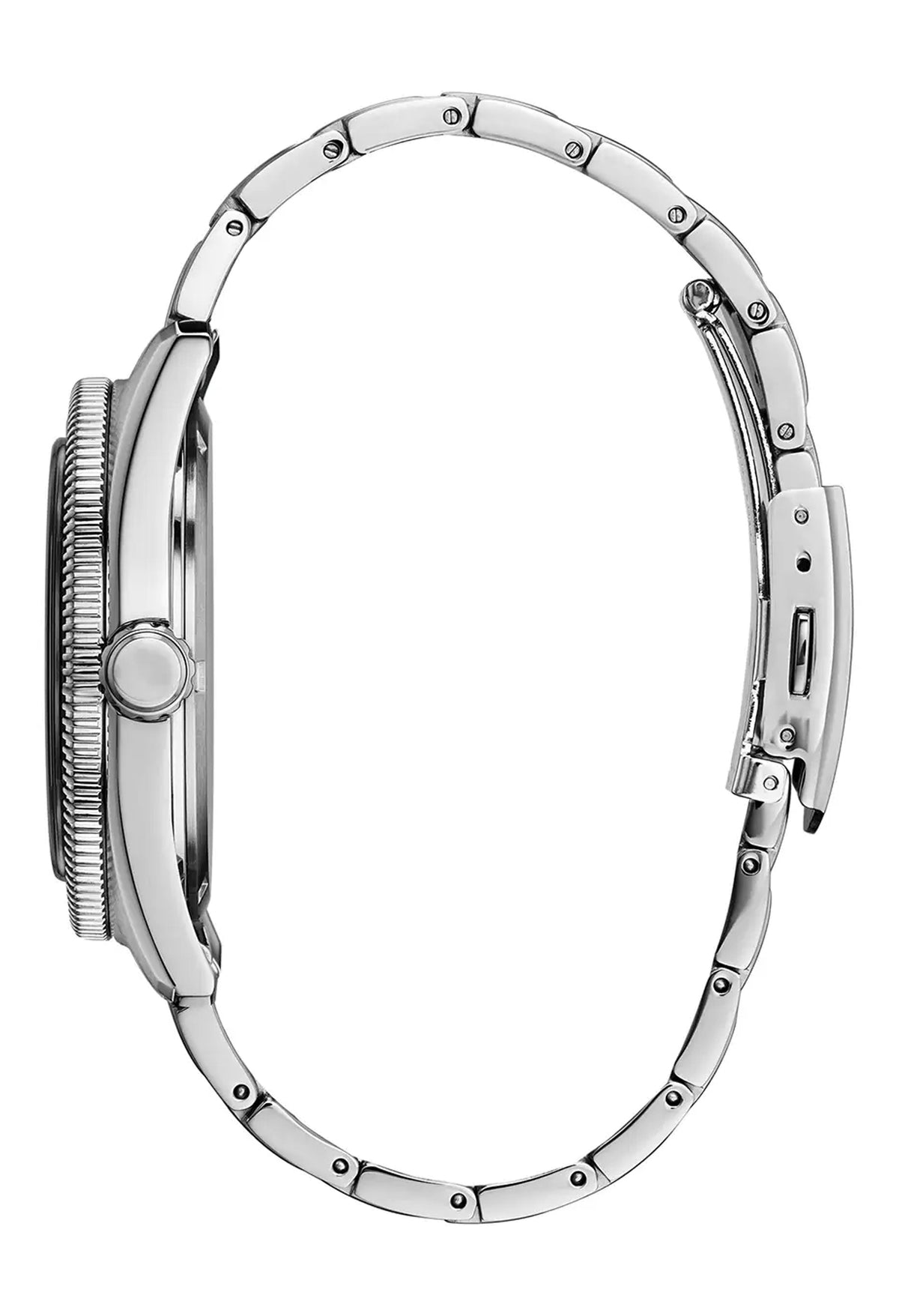 Side view of Citizen Eco-Drive watch showcasing green dial, date feature, stainless steel band, and case design.