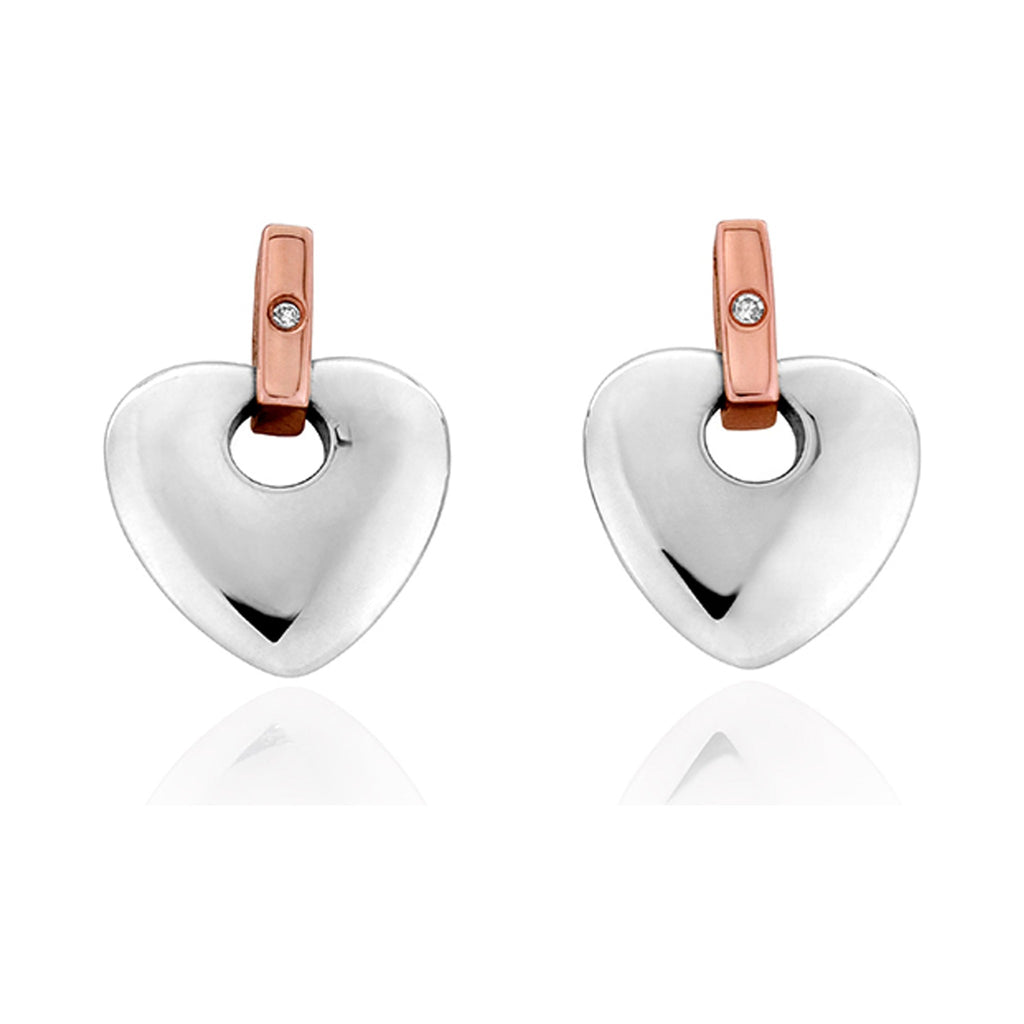 Sterling silver Clogau Cariad heart stud earrings with rose gold detail and diamond, showcasing jewelry design.