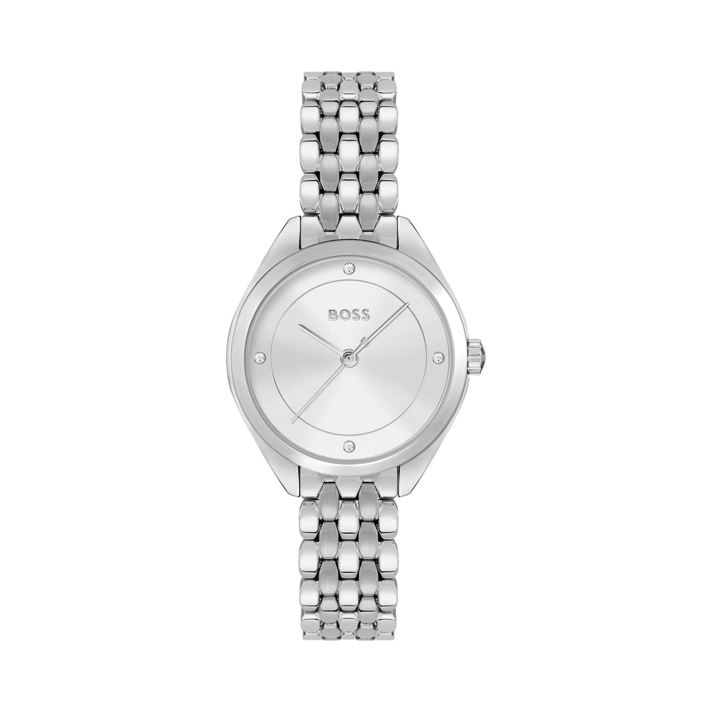 Close-up of the Boss Ladies Mae silver watch featuring a stainless steel bracelet and signature logo on the dial.
