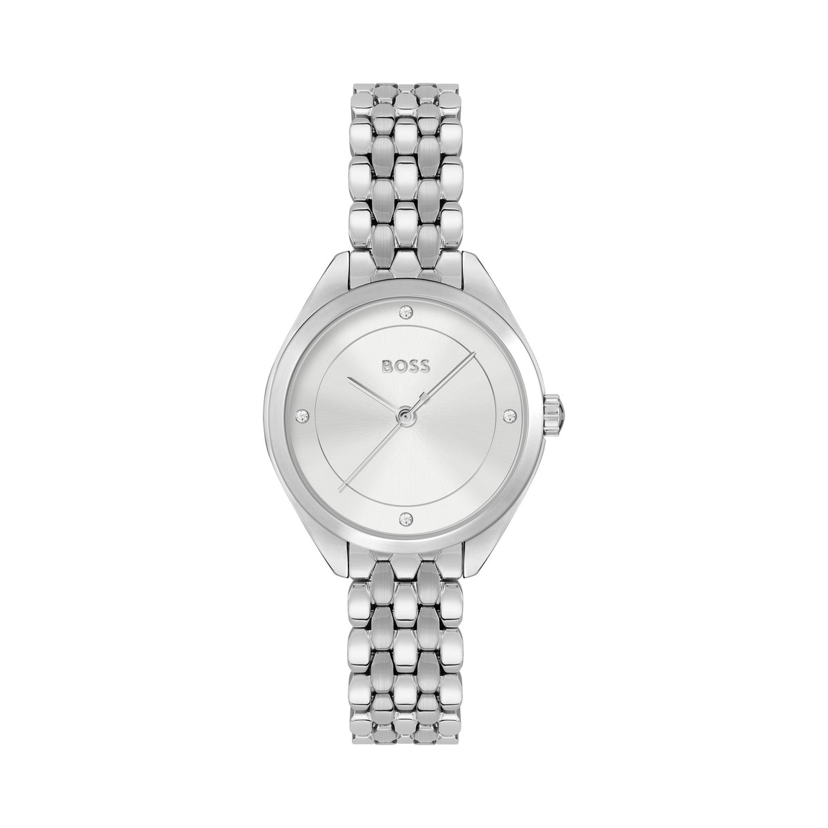 Close-up of the Boss Ladies Mae silver watch featuring a stainless steel bracelet and signature logo on the dial.