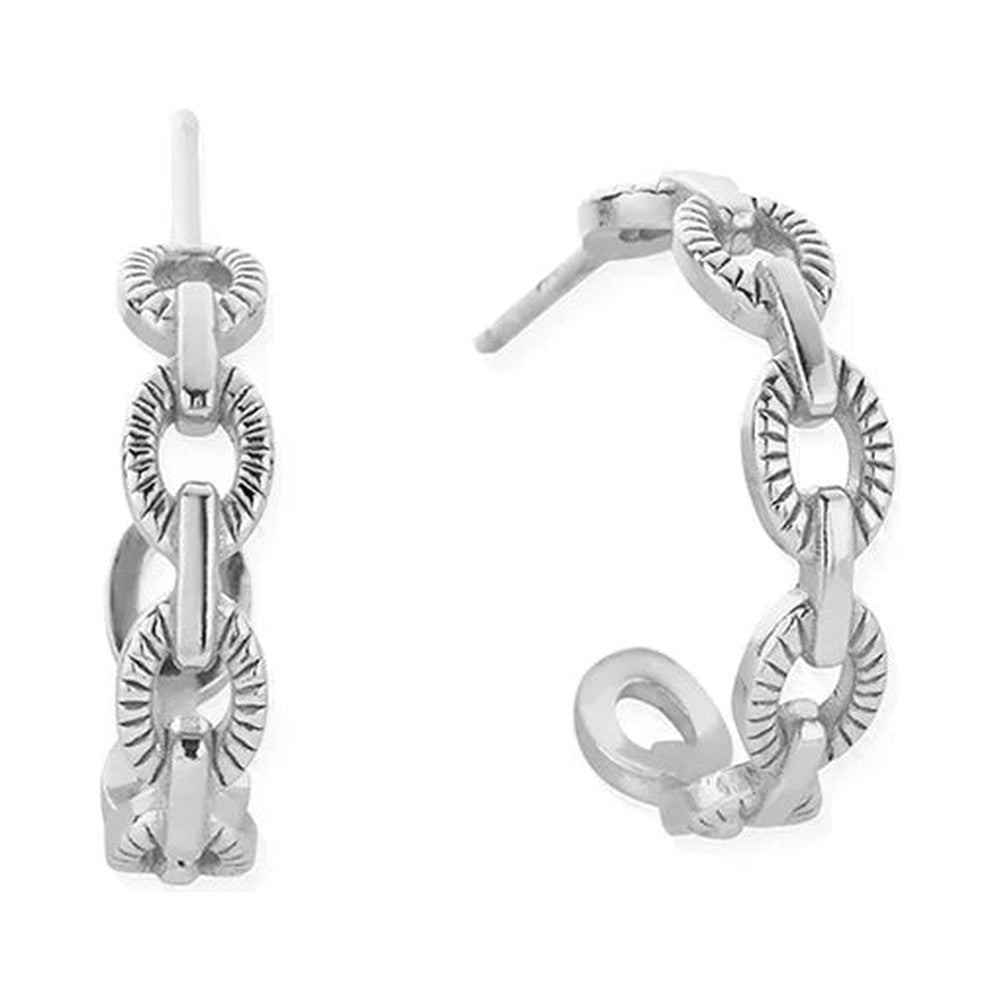 Sterling silver ChloBo Figaro huggie earrings. Chain-link design, adds a stylish and contemporary touch to any outfit.