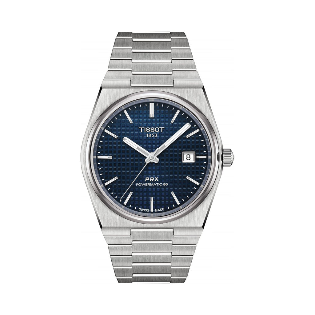 Tissot PRX Powermatic 80 watch showcasing the brushed steel bracelet and deep blue textured dial. Tissot 1853 branding.