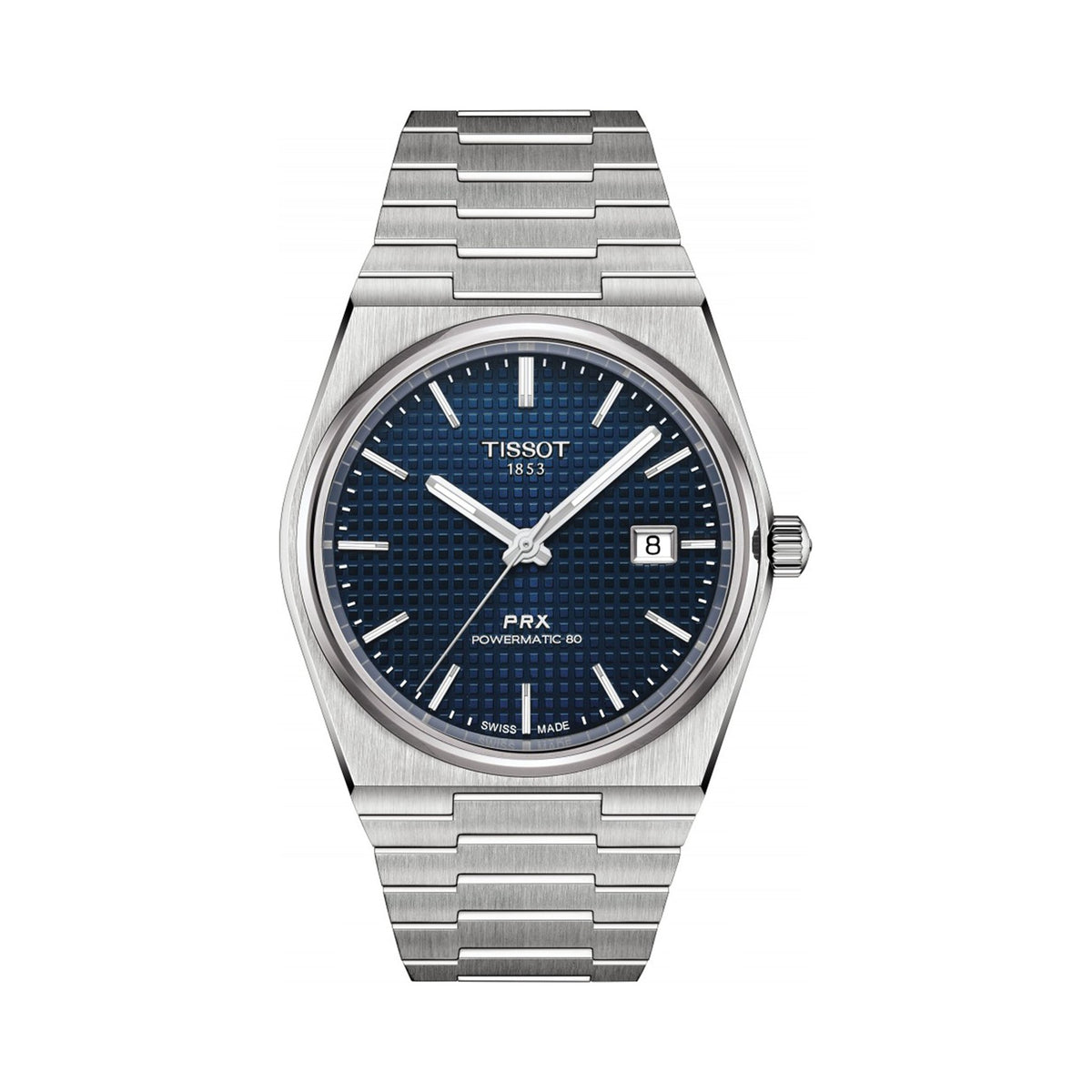 Tissot PRX Powermatic 80 watch showcasing the brushed steel bracelet and deep blue textured dial. Tissot 1853 branding.