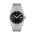 Tissot PRX stainless steel watch showcasing the black dial with date display at 3 o'clock. TISSOT 1853 and PRX on dial.