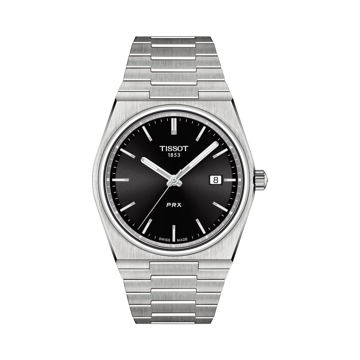 Tissot PRX stainless steel watch showcasing the black dial with date display at 3 o'clock. TISSOT 1853 and PRX on dial.