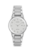 Citizen Eco-Drive Axiom women's watch showcasing its diamond dial and silver-tone bracelet design.