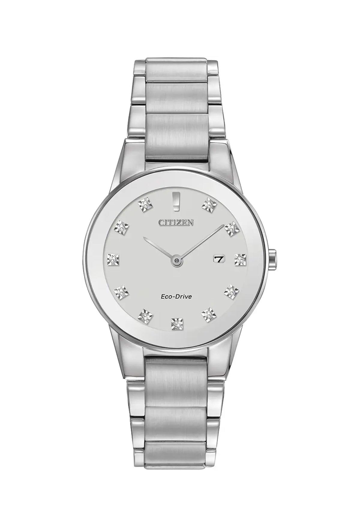 Citizen Eco-Drive Axiom women's watch showcasing its diamond dial and silver-tone bracelet design.