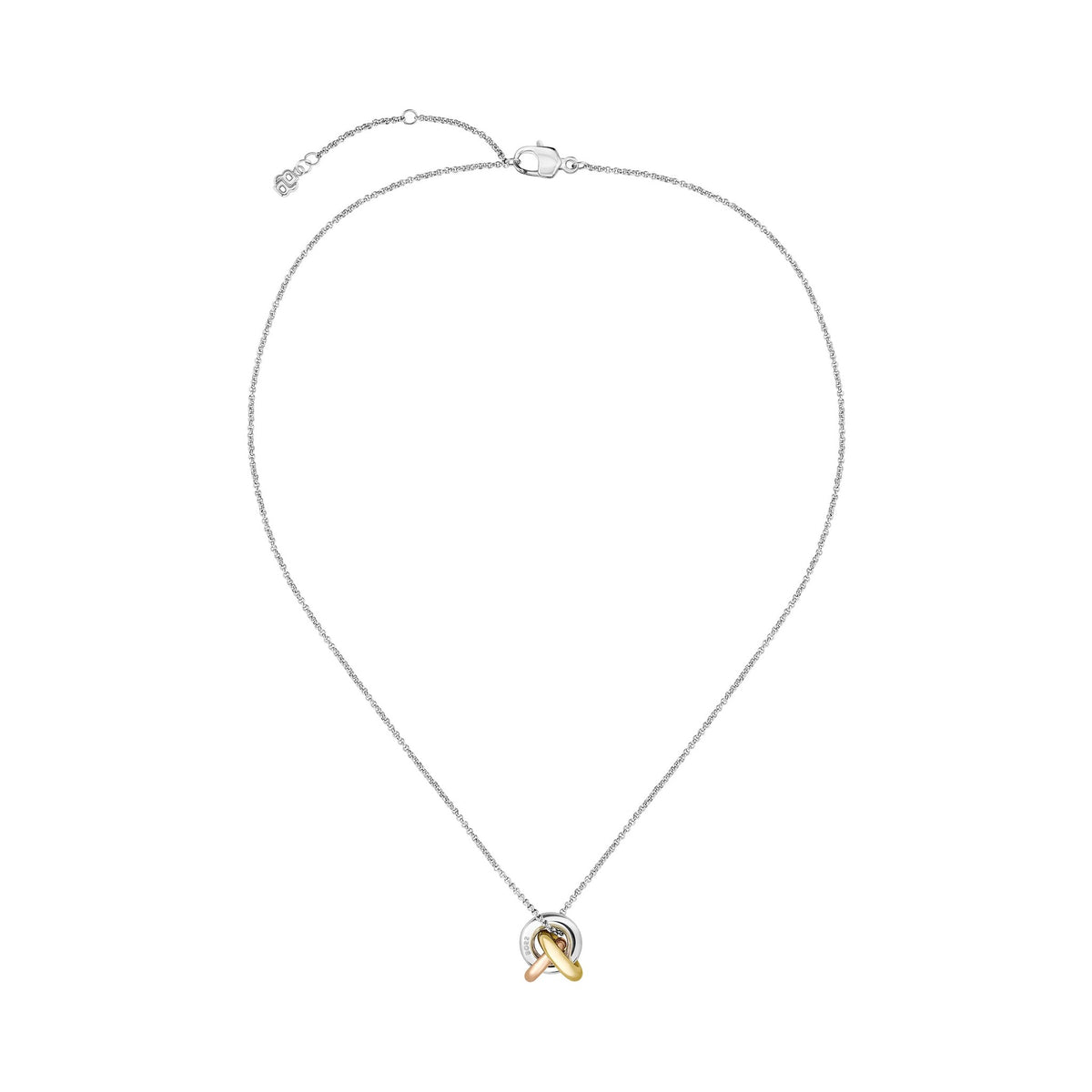 Silver necklace with interlocking gold and rose gold rings.
