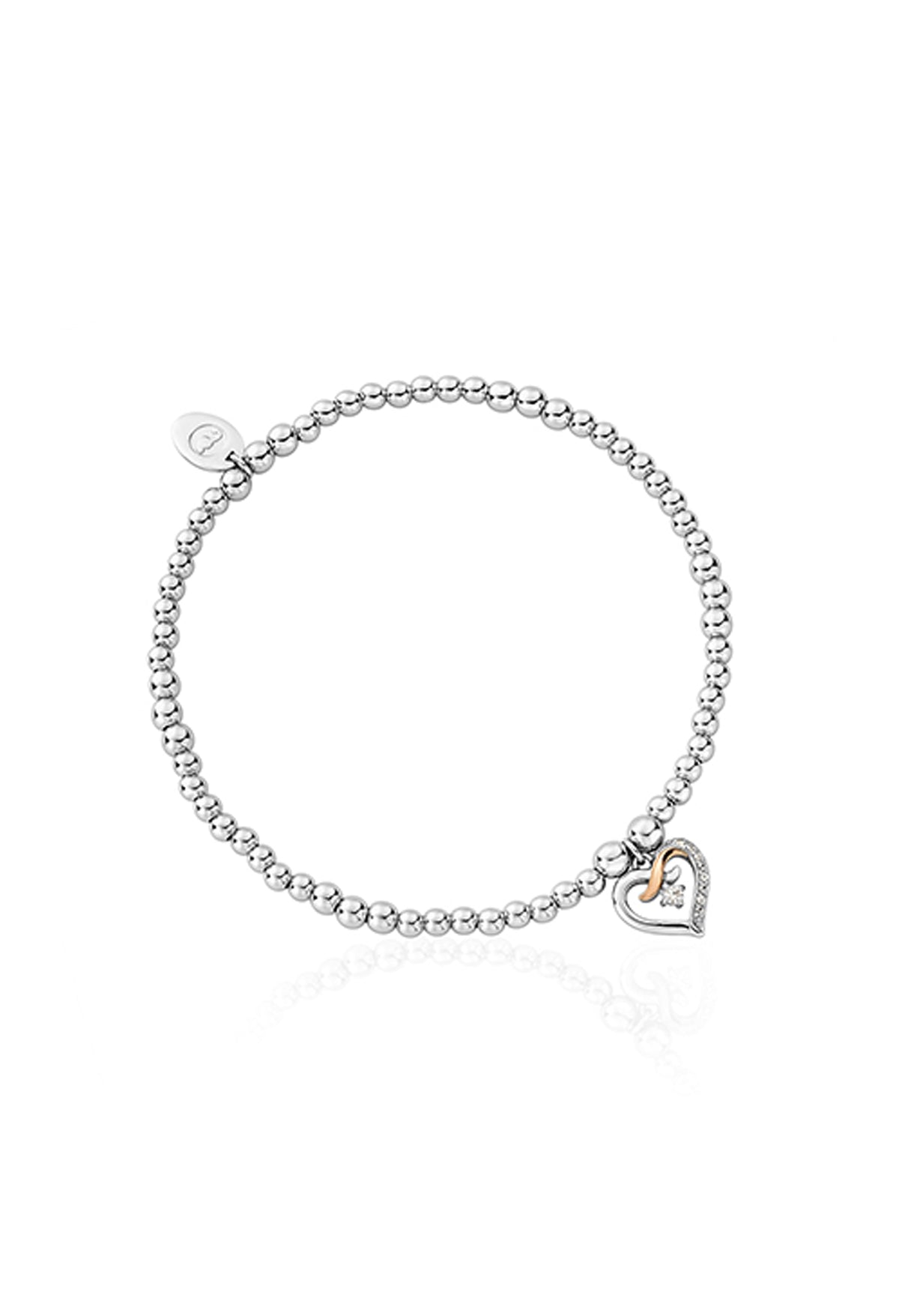 Sterling silver Clogau Kiss Affinity bracelet with CZ stones, showcasing its delicate heart charm.