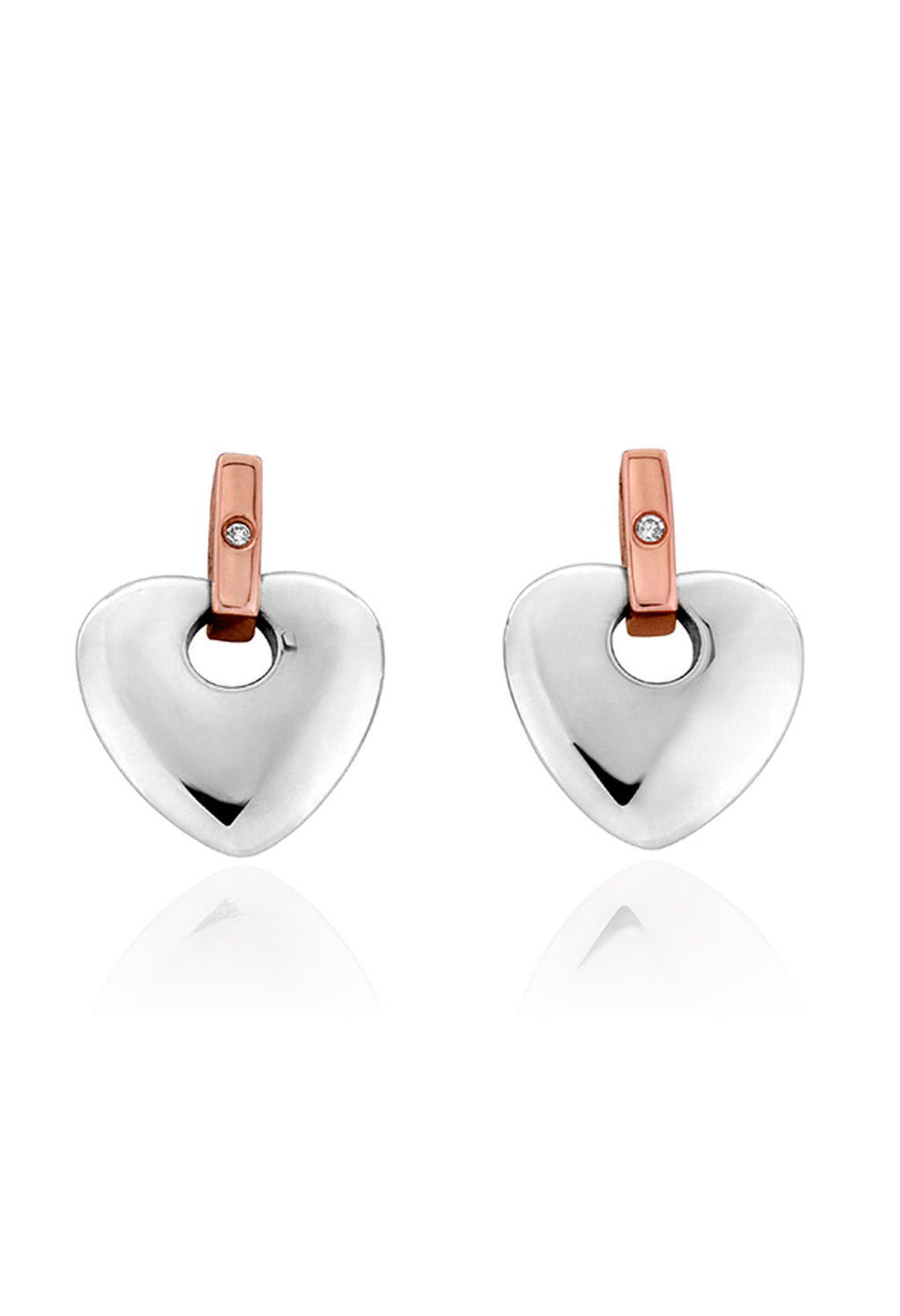 Sterling silver Clogau Cariad heart stud earrings with rose gold detail and diamond, showcasing jewelry design.
