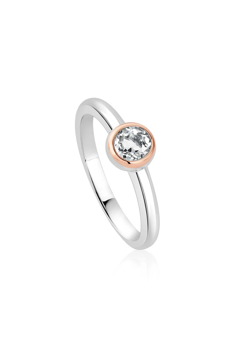 Clogau ring featuring a white topaz gemstone in a single-stone setting. Modern sterling silver and elegant design.