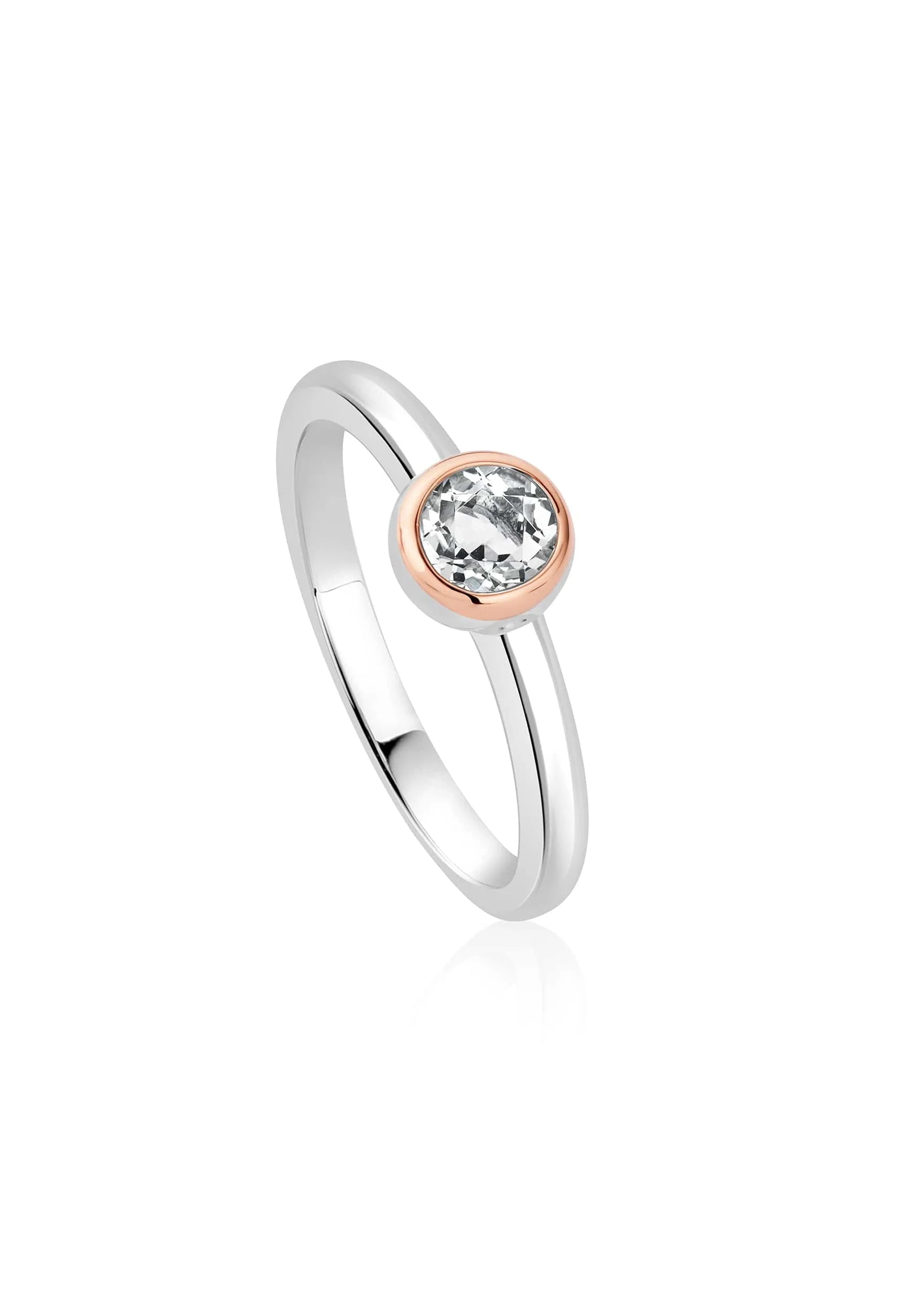 Clogau ring featuring a white topaz gemstone in a single-stone setting. Modern sterling silver and elegant design.