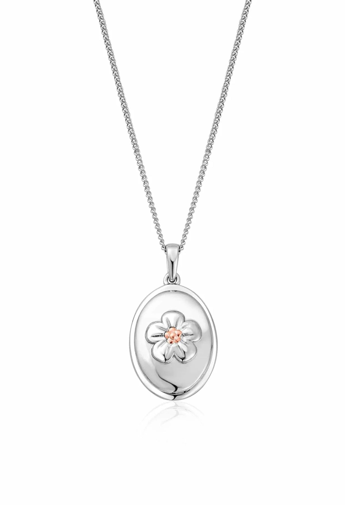 Close-up of the Clogau Natures Wonder silver pendant necklace, featuring a forget-me-not flower detail.
