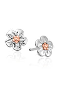 Clogau Forget Me Knot earrings. Sterling silver flower studs with rose gold center detail showcase nature-inspired design.