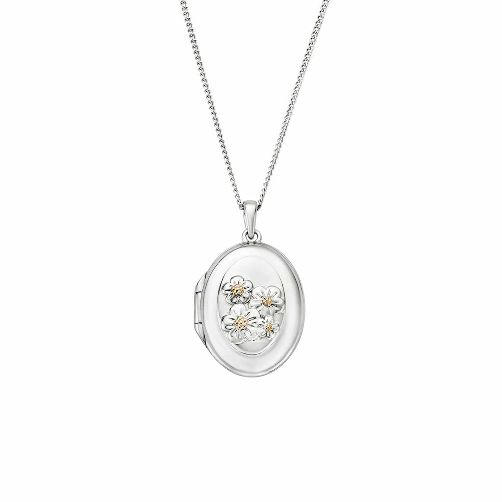 Silver floral locket necklace.
