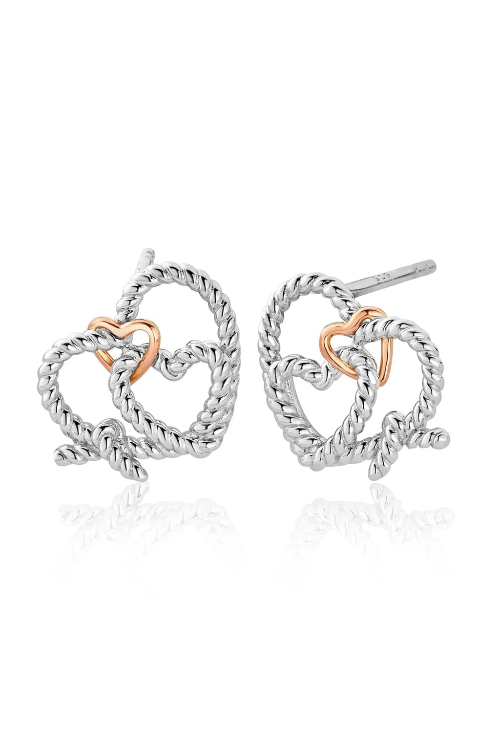 Clogau Bound Earrings: Sterling silver with rose gold hearts, showcasing Welsh gold craftsmanship and design.