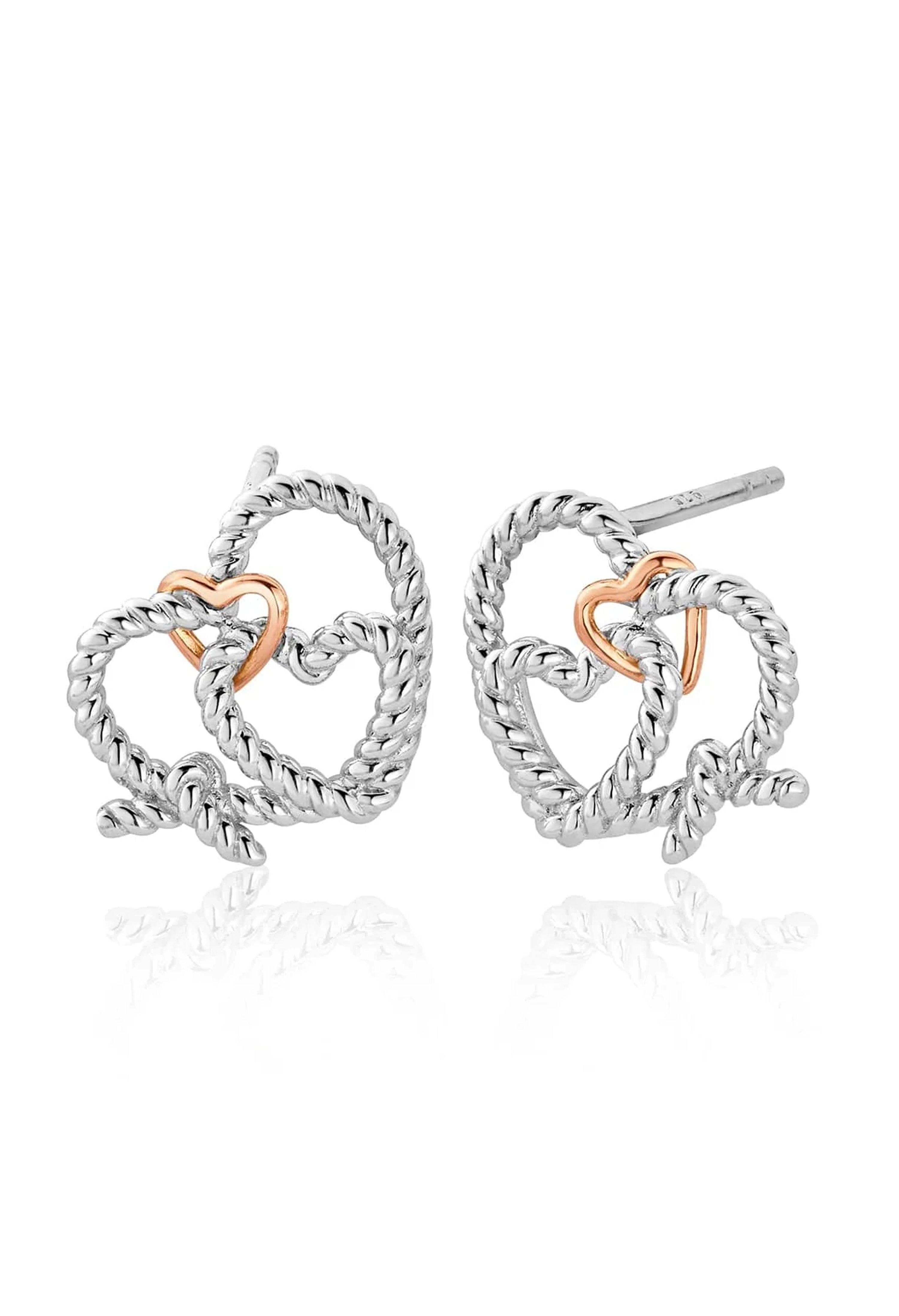 Clogau Bound Earrings: Sterling silver with rose gold hearts, showcasing Welsh gold craftsmanship and design.