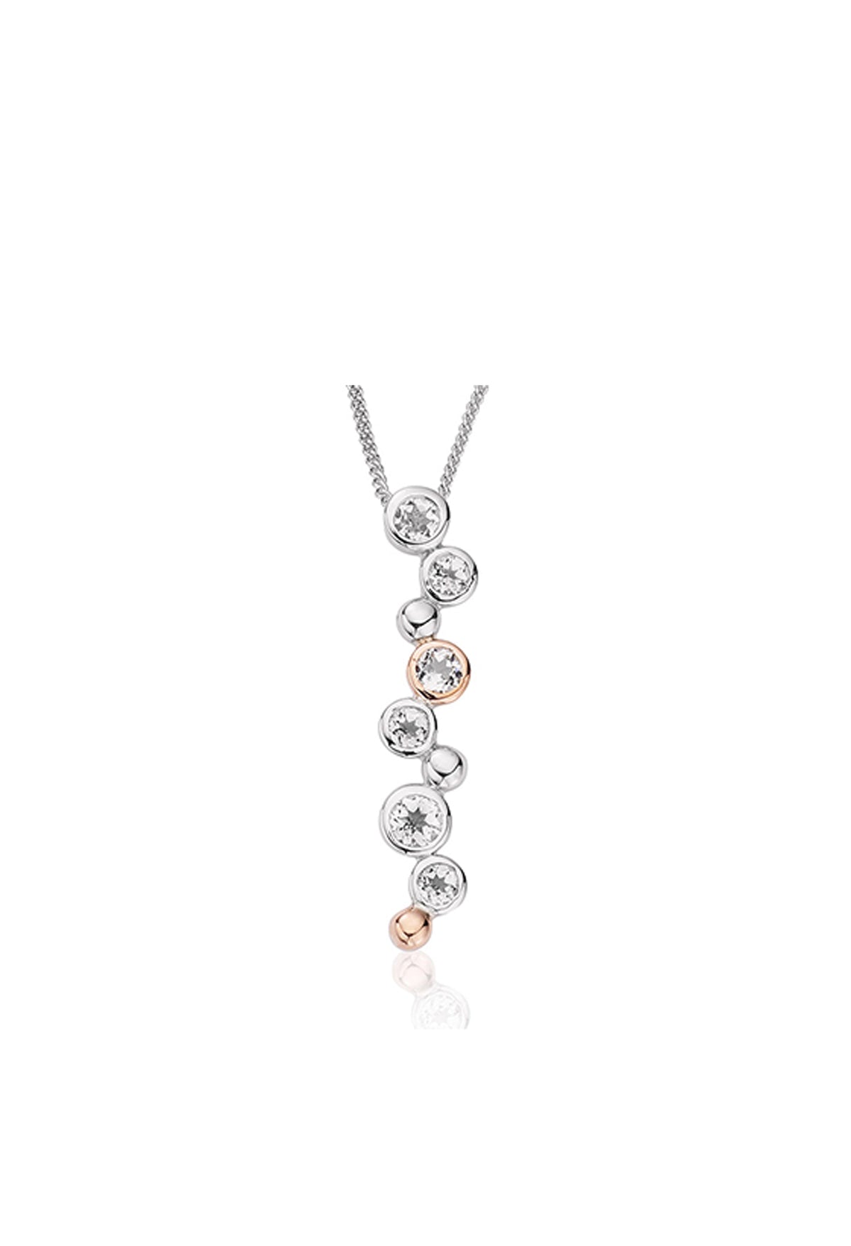 Clogau Celebration Drop pendant featuring white topaz stones, sterling silver & rose gold details. Elegant jewelry design.
