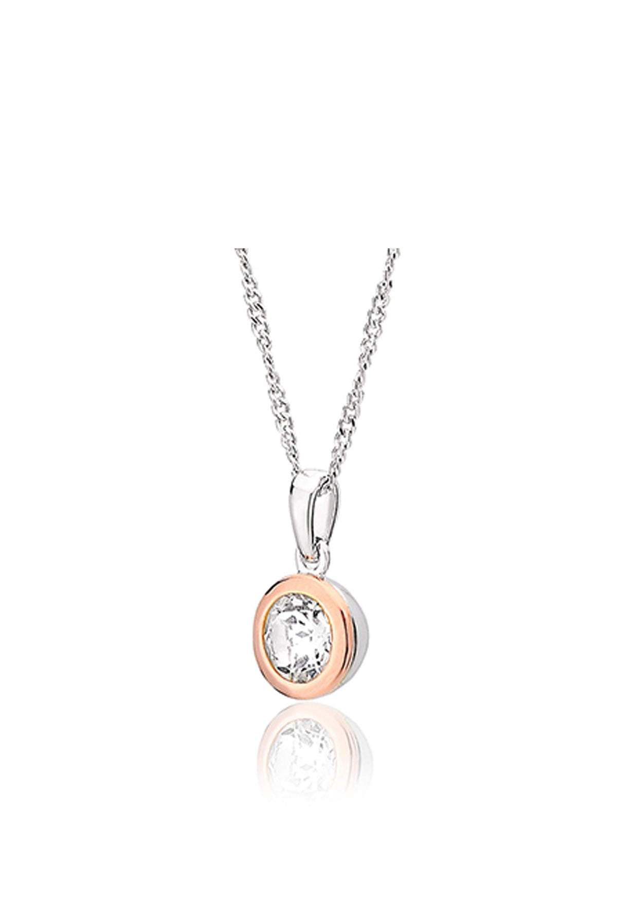 Clogau Celebration pendant featuring a sparkling white topaz in sterling silver and rose gold details.