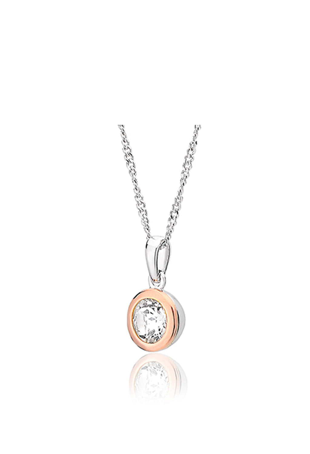 Clogau Celebration pendant featuring a sparkling white topaz in sterling silver and rose gold details.