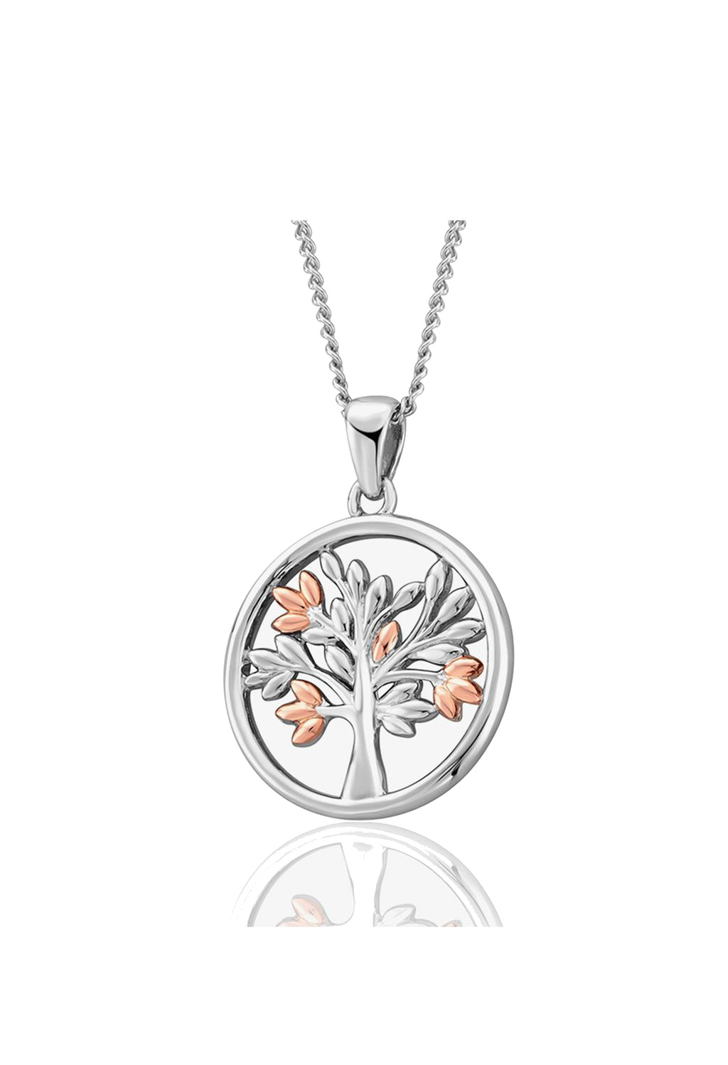 Clogau Tree of Life pendant in sterling silver and rose gold. Symbolic jewelry design.