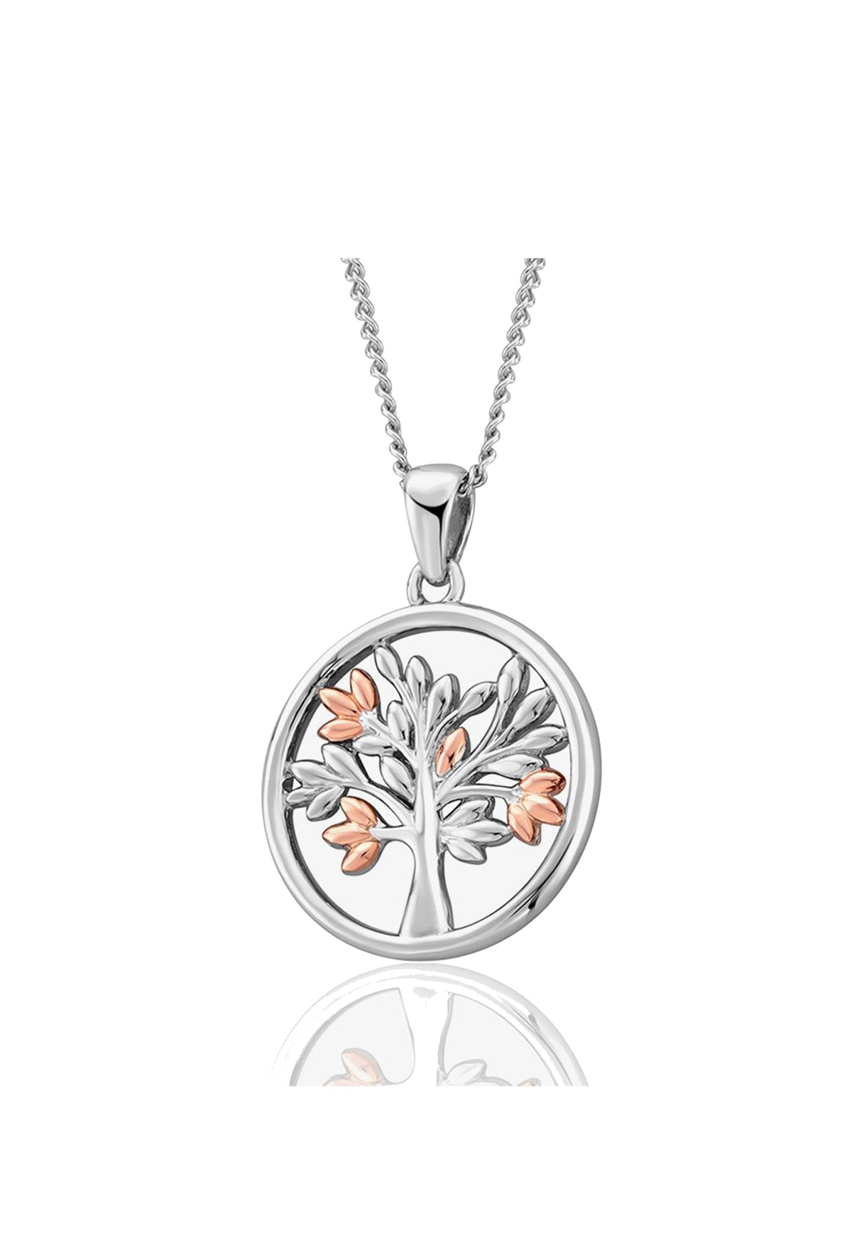 Clogau Tree of Life pendant in sterling silver and rose gold. Symbolic jewelry design.