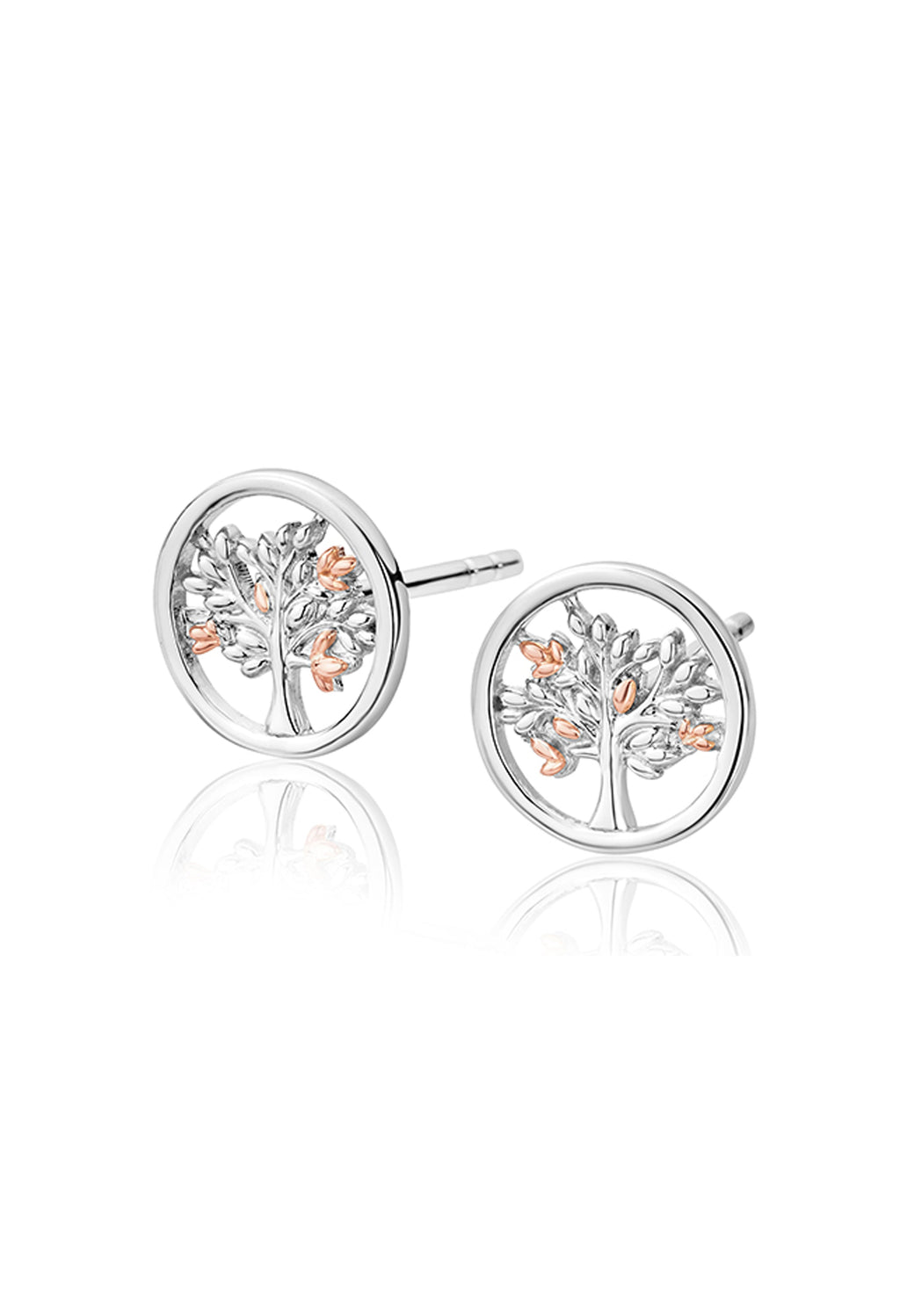 Sterling silver & rose gold Tree of Life stud earrings by Clogau. Delicate & elegant design.