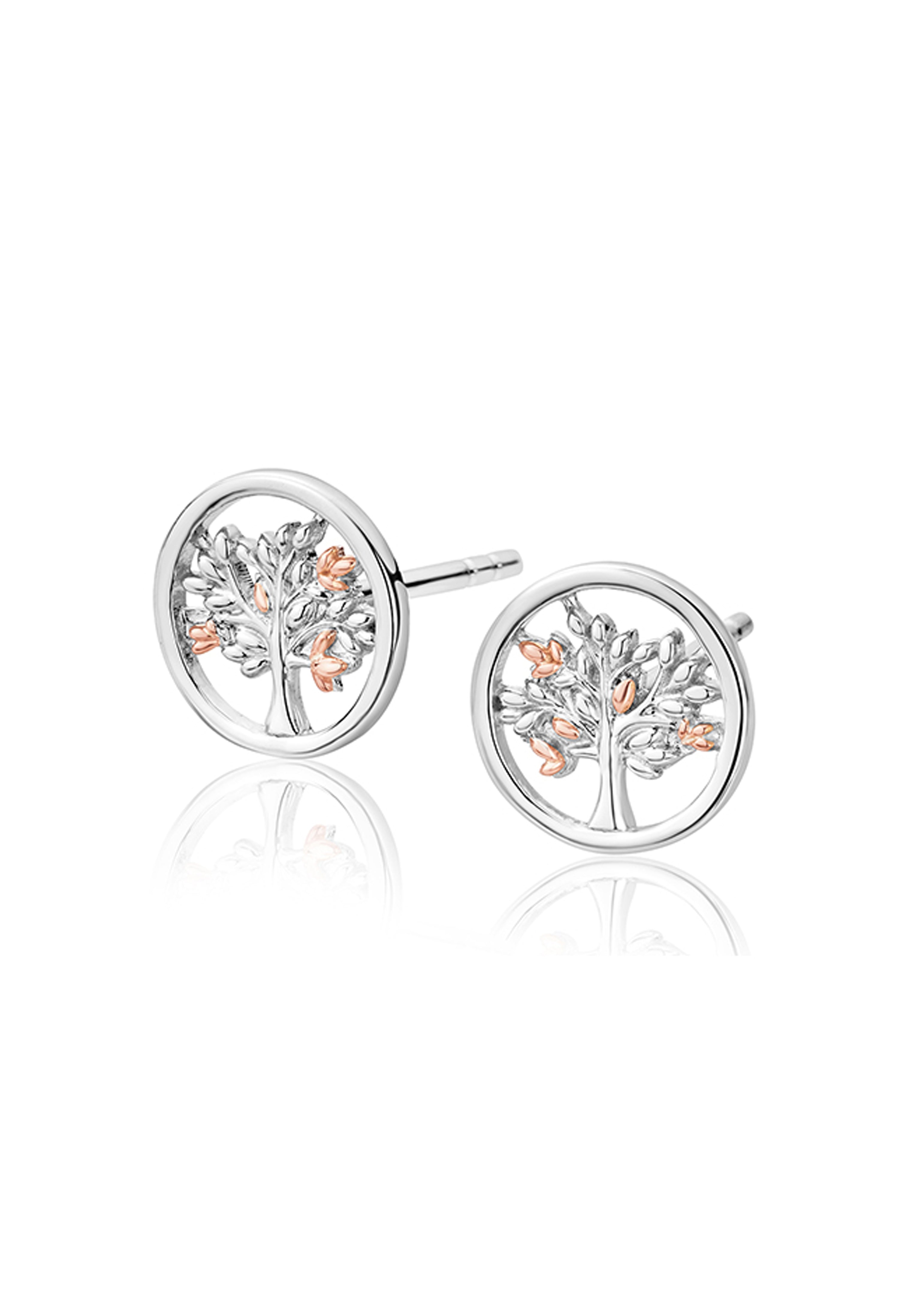 Sterling silver & rose gold Tree of Life stud earrings by Clogau. Delicate & elegant design.