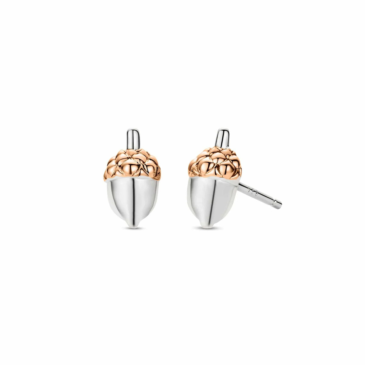 Acorn-shaped silver and gold stud earrings.