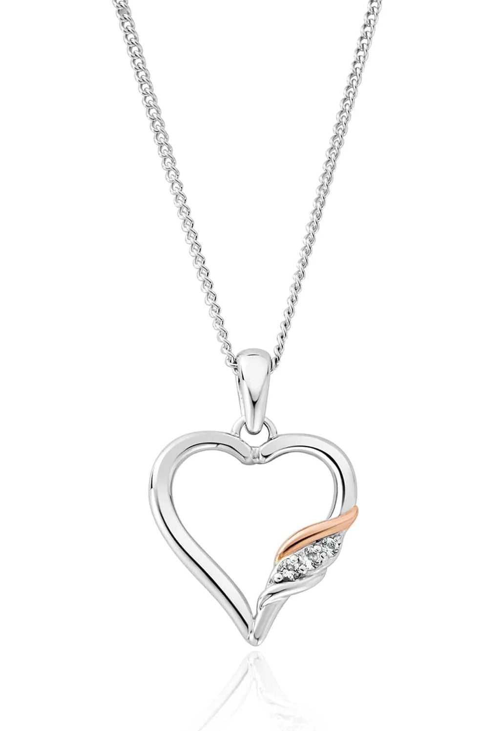 Elegant Clogau silver heart pendant necklace featuring past, present, future white topaz accents, and rose gold detail.