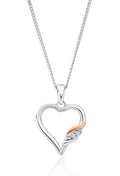 Elegant Clogau silver heart pendant necklace featuring past, present, future white topaz accents, and rose gold detail.