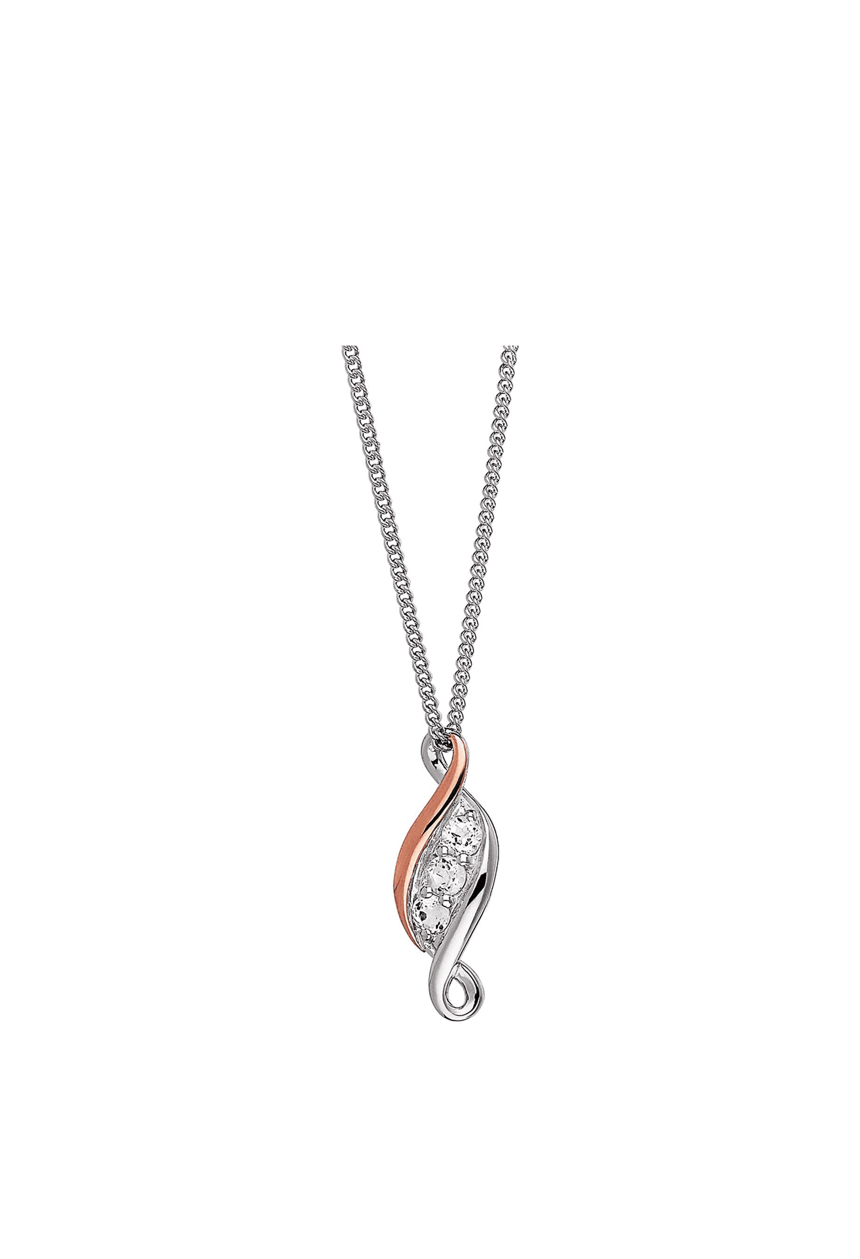 Clogau pendant featuring a silver chain and rose gold-accented design with three white topaz stones.