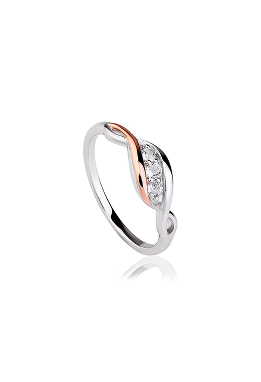 Clogau Past Present Future ring showcasing a sterling silver band with rose gold accents and white topaz stones.