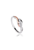 Clogau Past Present Future ring showcasing a sterling silver band with rose gold accents and white topaz stones.