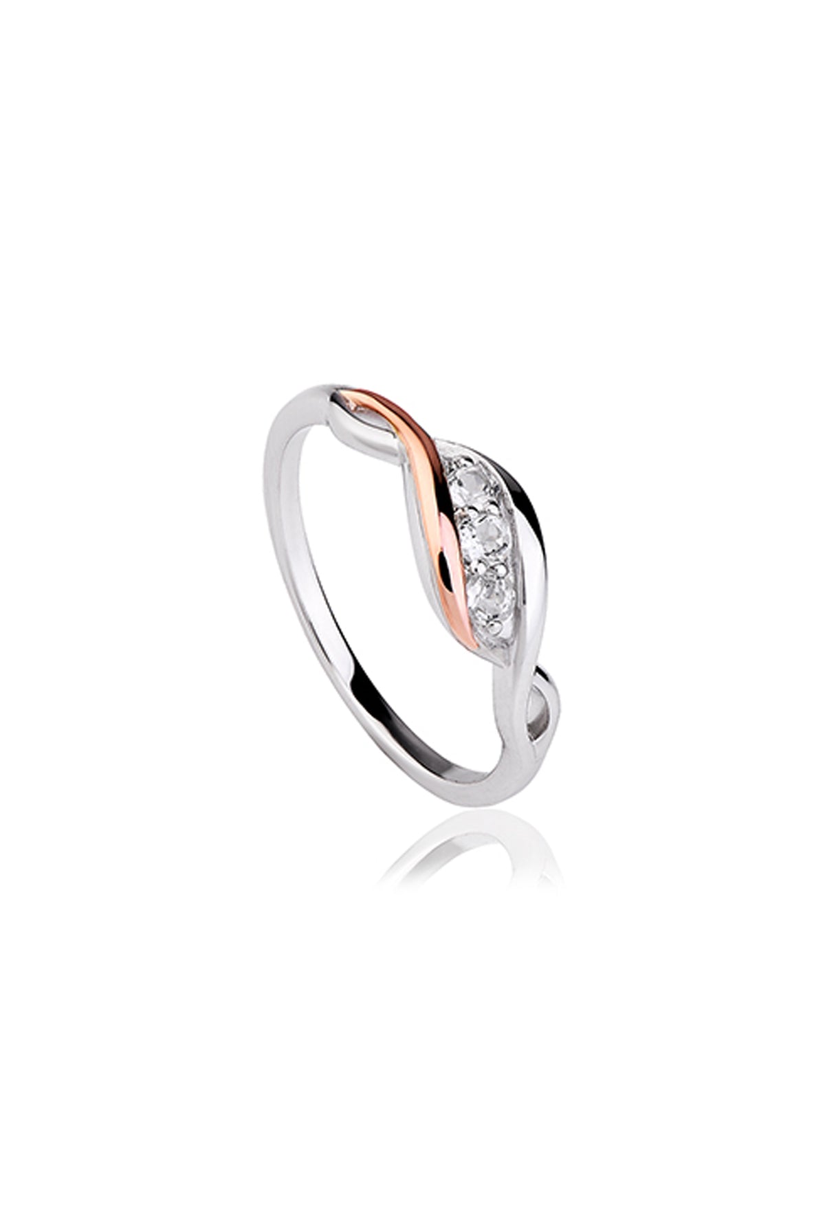 Clogau Past Present Future ring showcasing a sterling silver band with rose gold accents and white topaz stones.
