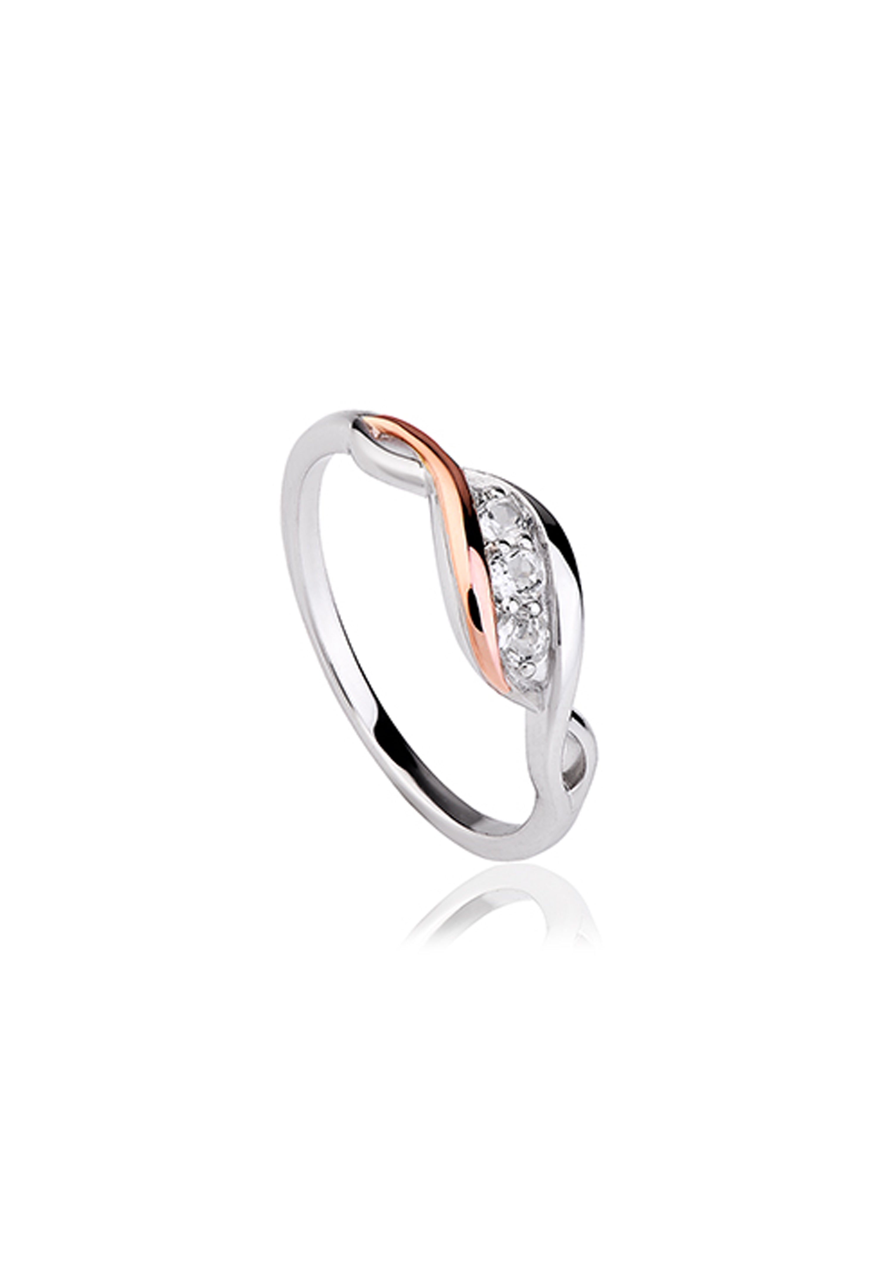 Clogau Past Present Future ring showcasing a sterling silver band with rose gold accents and white topaz stones.
