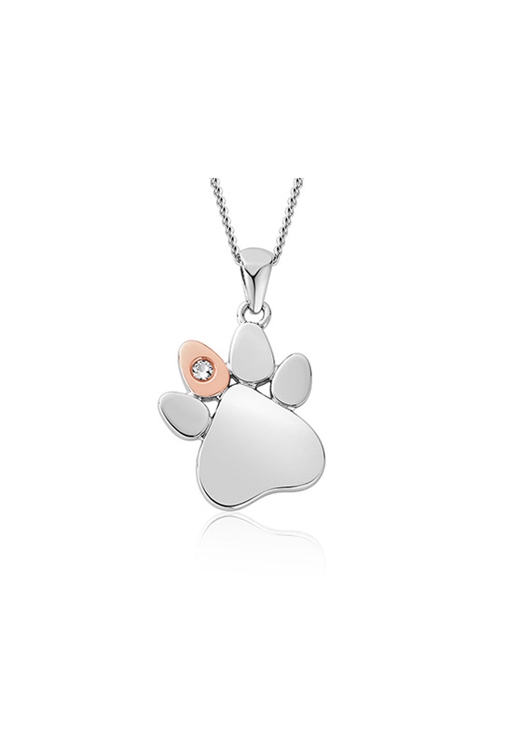 Sterling silver & rose gold Clogau paw prints pendant with white topaz. Jewelry symbolizing love for pets.