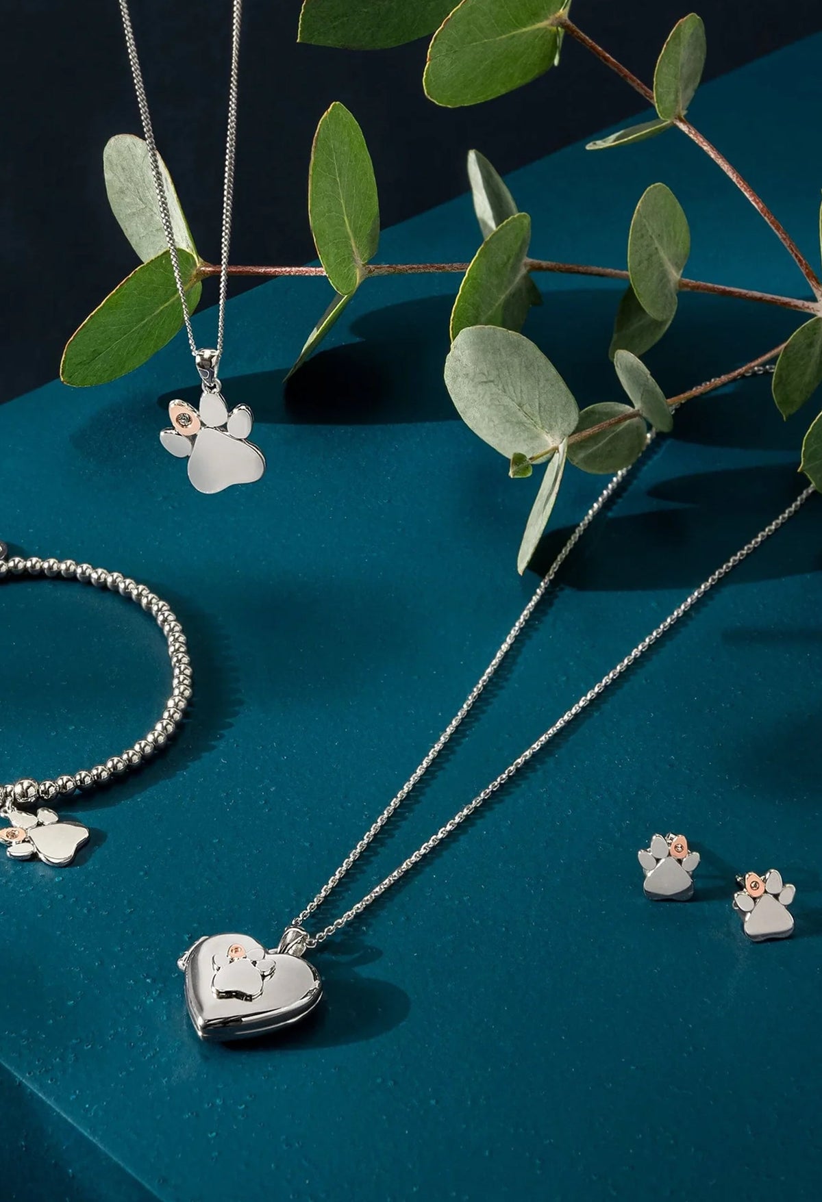 Display of Clogau Paw Prints earrings with silver necklace and bracelet, showcasing the jewelry set.