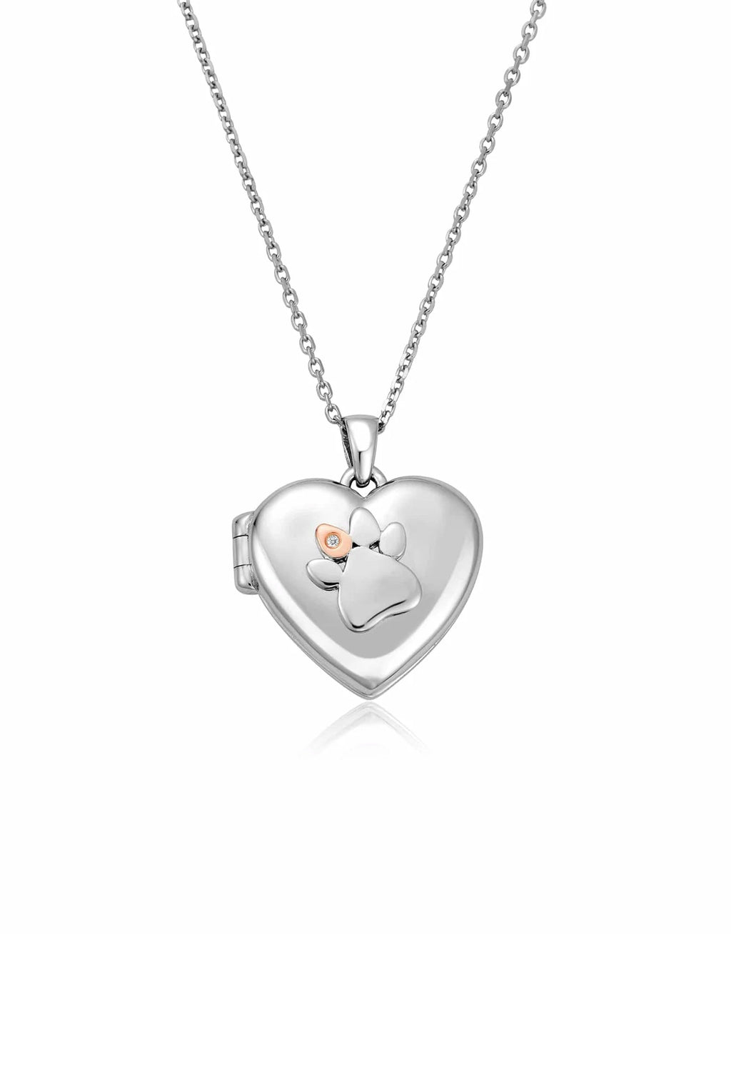 Clogau Paw Print Heart Locket in sterling silver with white topaz detail, pet memorial jewelry.
